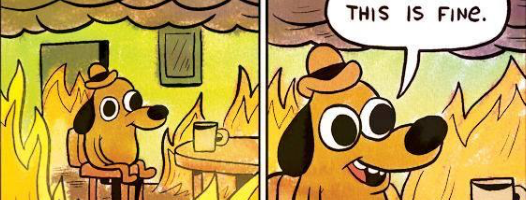 The "This is Fine" dog sipping coffee while the room is on fire